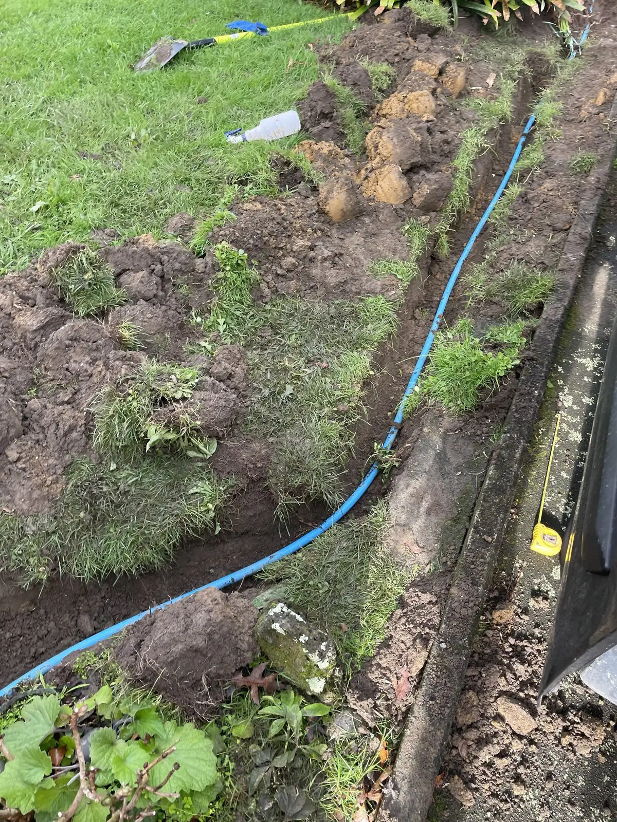 New blue water main pipe laid in a trench along a garden boundary
